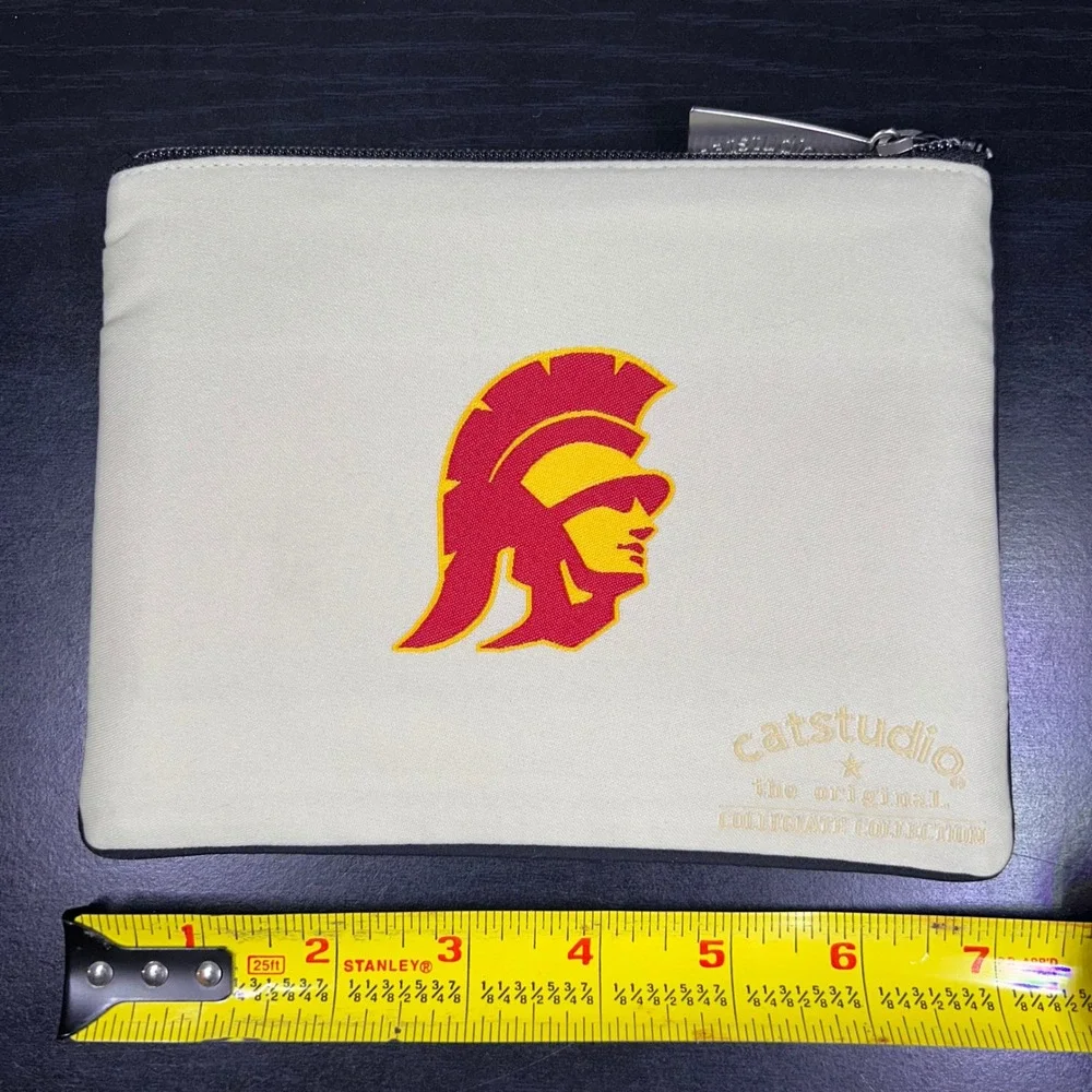 NWT Catstudio USC Trojans Collegiate Zipper Pouch Woven Canvas Makeup Bag Cream